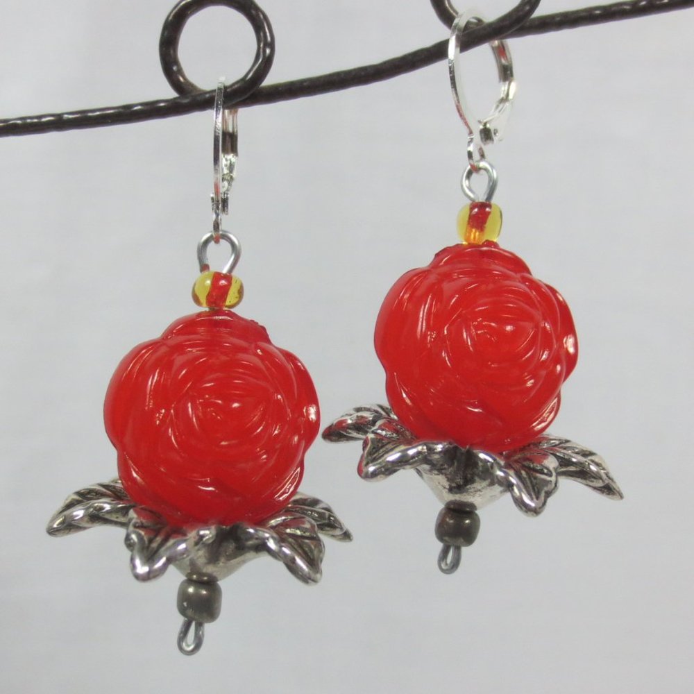 Handcrafted Pierced Earrings Chunky Red Roses on Silver Leaves Dangle Statement